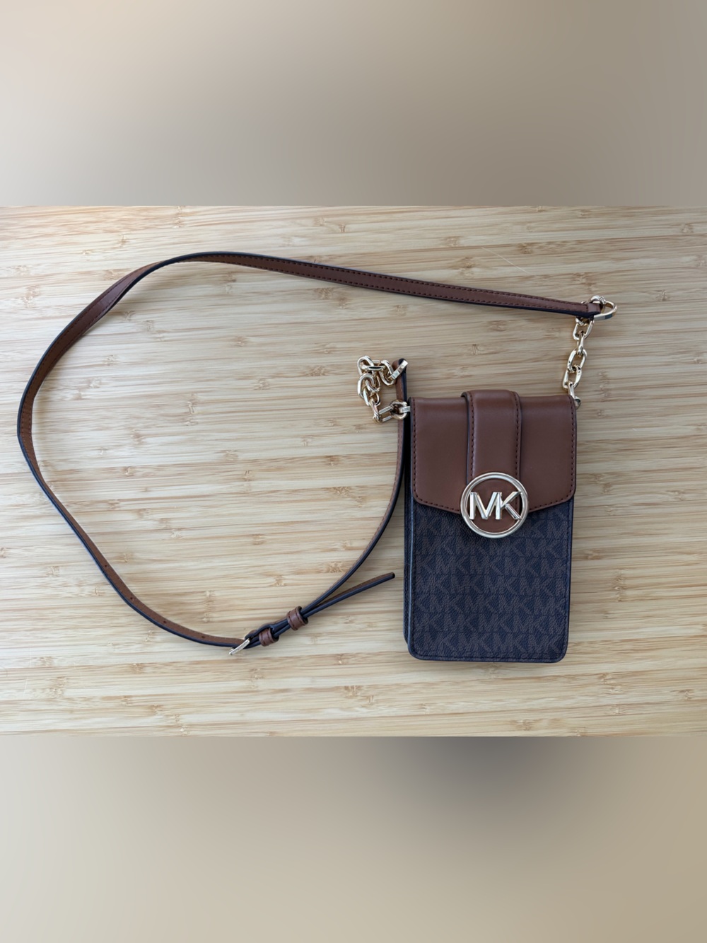 Michael Kors Brown and Dark Brown Logo Crossbody Phone Pouch